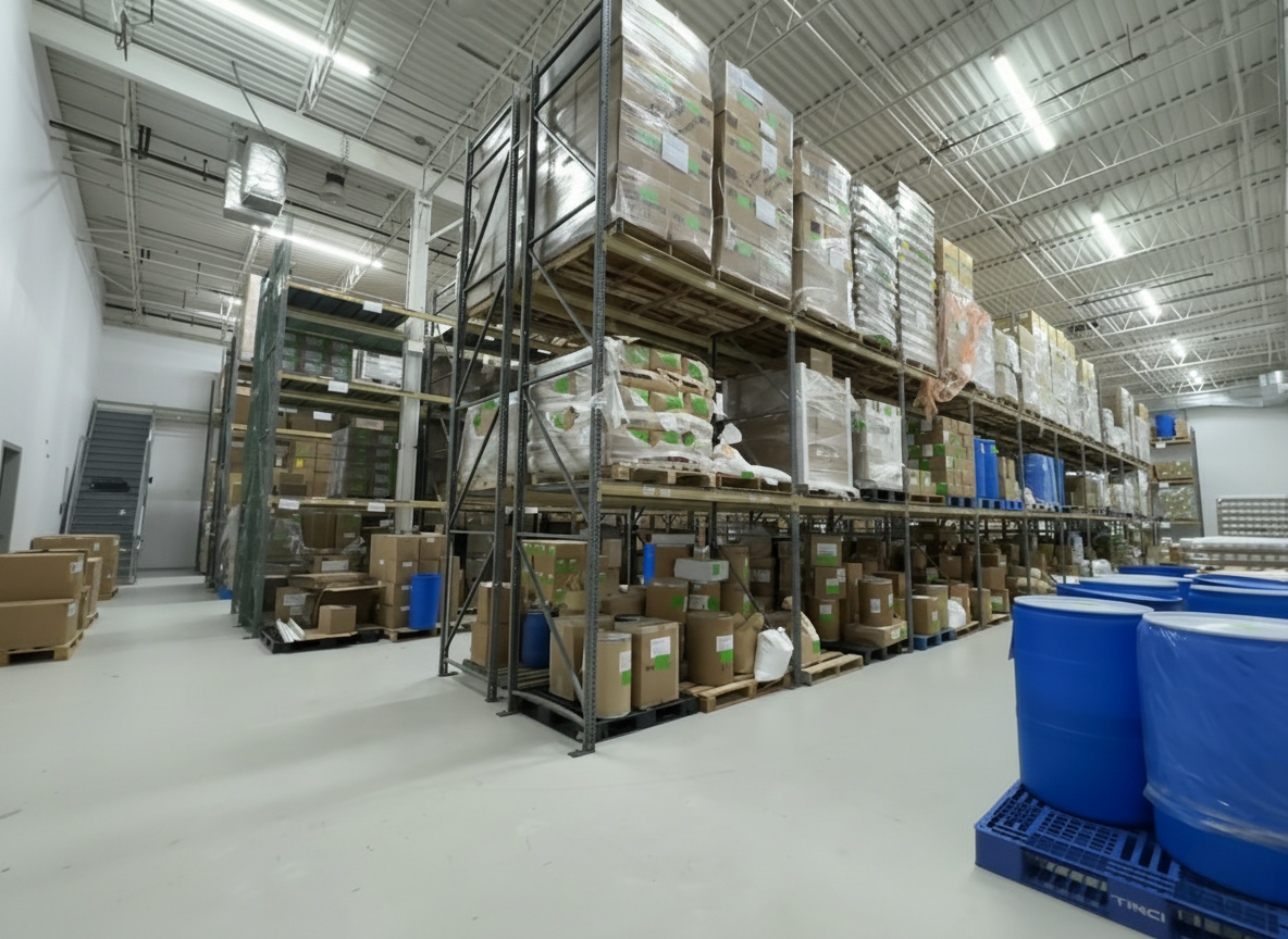 Cold storage warehouse aisle with pallet racking